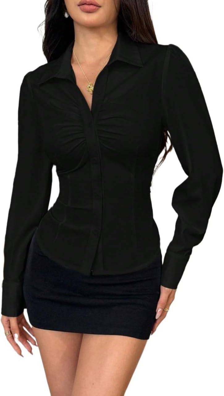 Women's Shirt Women's Ruched Button Up Long Sleeve Blouse