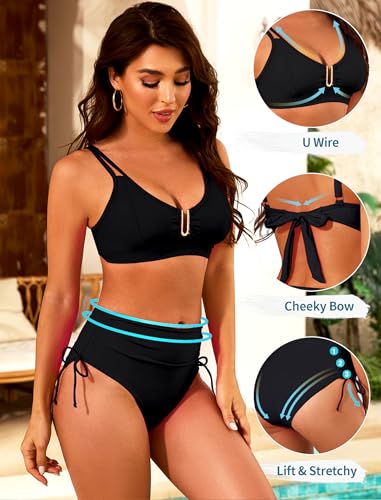Nillocco 2 Piece Swim Suits for Women 2025 Swimsuits for Curvy Women High Waisted Bikini Sets U-Wire Cutout Tummy Control Bathing Suit Black Medium — view 2