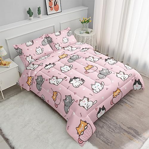 Datura Home Pink Kawaii Cat Comforter Bedding Set For Girls Lovely Kitten Pink Print Cute Animal Pattern Bedding Set With 1 Comforter And 2 Pillowcases For Girls Bedroom All Season(Cat Pink Twin) #TOP2