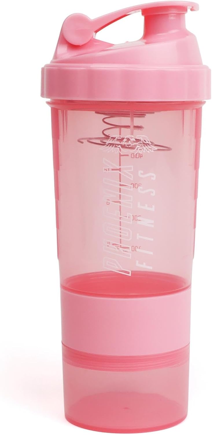 Phoenix Fitness Protein Shaker Bottle with Storage Compartments – 500ml Leakproof BPA Free Easy Clean Bottle for Powder Shakes, Supplements, Vitamins & Snacks – Pink