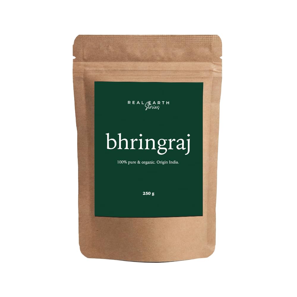Real Earth - Bhringraj en polvo - 100% puro y orgánico - Cosmética natural en polvo - Mascarilla capilar - Cuidado piel - Cuidado natural para cabello y piel - Vegano - Ayurveda -250gr