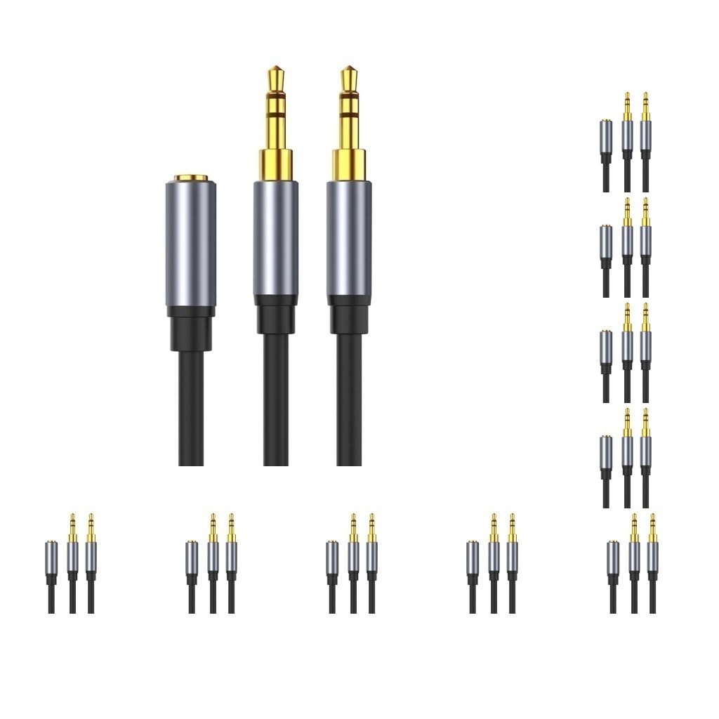 10 x srebrny kabel audio jack 3,5 mm, wtyczka na 2 gniazda, adapter, kabel do telefonu PC, wielofunkcyjny, gniazdo MP4 na 2 wtyczki