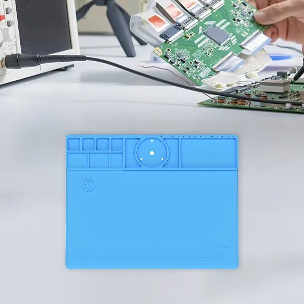 Widerstandsfähige Silikon-Lötmatte 45x35 cm, Hitzebeständige Arbeitsunterlage für Elektronik-Reparatur, Rutschfeste Isoliermatte für Lötkolben und Bauteile, Blau