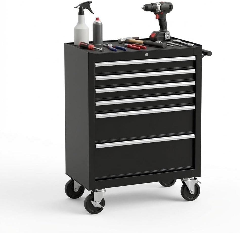 7-Drawer Tool Chest, Rolling Tool Cart with Wheels, Large Capacity Tool Storage Cabinet with Keyed Locking,Drawer Liners&Link Buckle, for Garage, Workshop, Warehouse,24.21"L * 13.78"W * 34.06"H Black