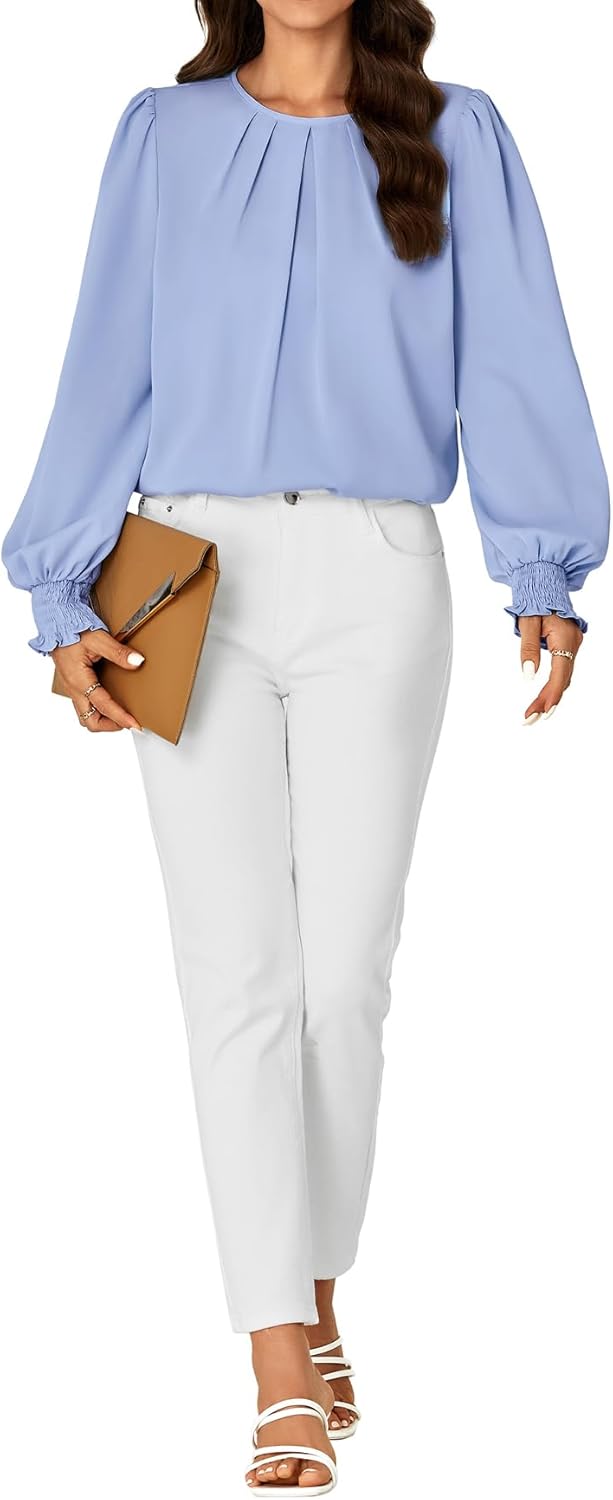 Vrtige Women's Dressy Casual Pleated Crew Neck Long Sleeve Shirt Office Work Chiffon Blouse Tops Light Blue Medium - Image 6