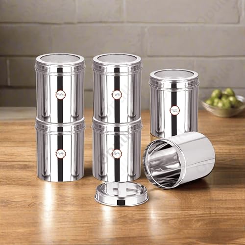 Image of Opullo Stainless Steel Top See Through Containers for Kitchen | Mirror Polished Stainless Steel Containers with Lid | Multipurpose Dabba Set for Kitchen | Pack of 6 | 1.25 Kgs