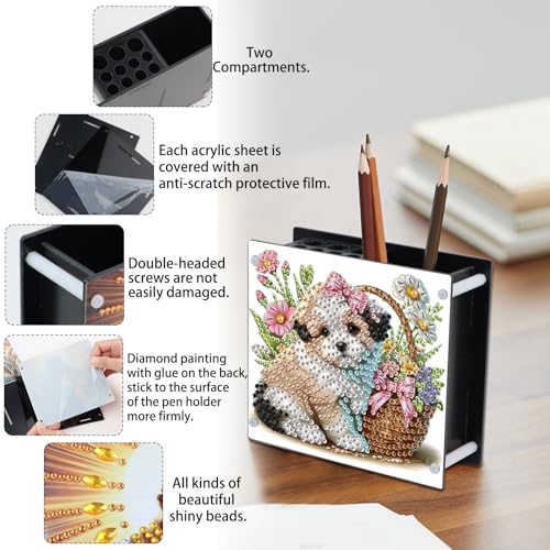 Image of DIY 5D Diamond Painting Pen Holder Organizer, Cute Puppy Dog Acrylic Pencil Cup with Special-Shaped Rhinestones, Decorative Office Supplies Storage for Home, School, Gift