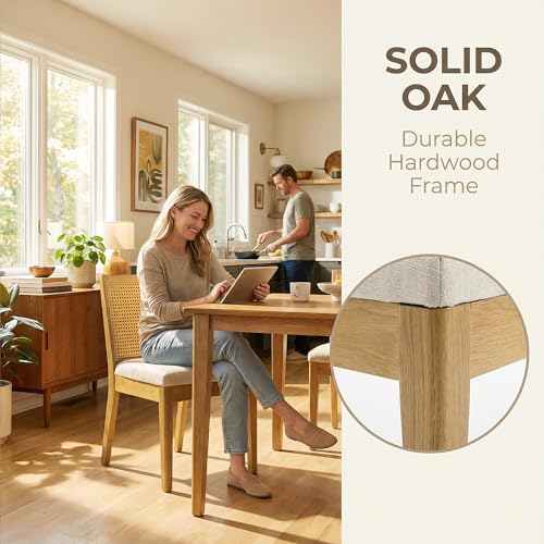 Image of HNY Farmhouse Rattan Dining Chairs Set of 4, Natural Solid Hardwood Frame, Upholstered Linen Seat, Ergonomic Cane Back Dining Room Chairs for Kitchen, Dining Room, Apartment, Beige