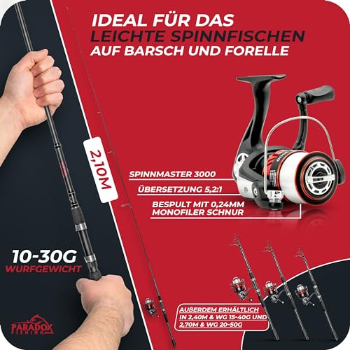 Paradox Fishing Angelruten Set zum Spinnfischen 2,1m Wg. 10-30g I Teleskop-Rute mit Rolle, Ködern, Angelzubehör und Angel-Tasche I Angel Set – Angel-Set komplett