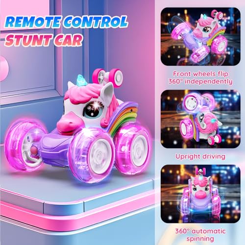 Motivekit Unicorn Remote Control Car Toys for Girl - 360° Rotating Pink RC Stunt Cars 4WD Remote Cars for Kids, 2.4GHz Toy Car with LED Lights, Birthday Gift for 3 4 5 6 7 8 9 Year Old Girl - Image 5