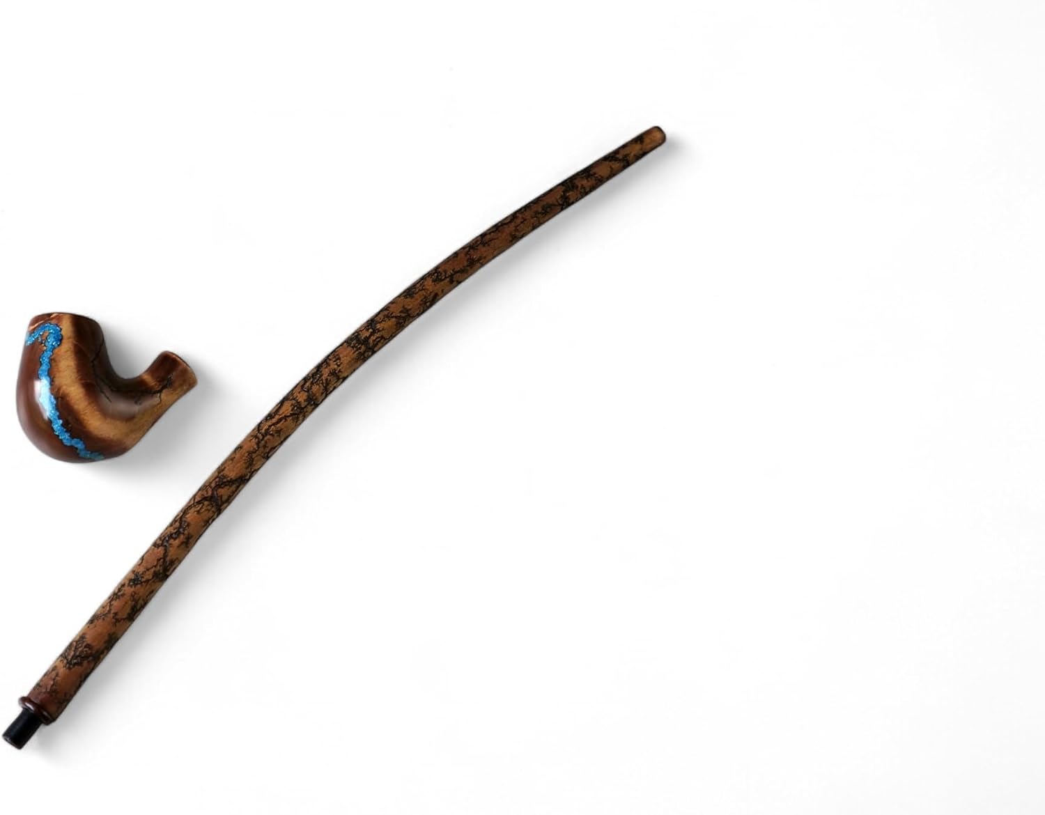 Handcrafted Wooden Tobacco Pipe with Turquoise Inlay, Long Curved Bent Stem Smoking Pipe for Tobacco, Unique Handmade Gift for Men