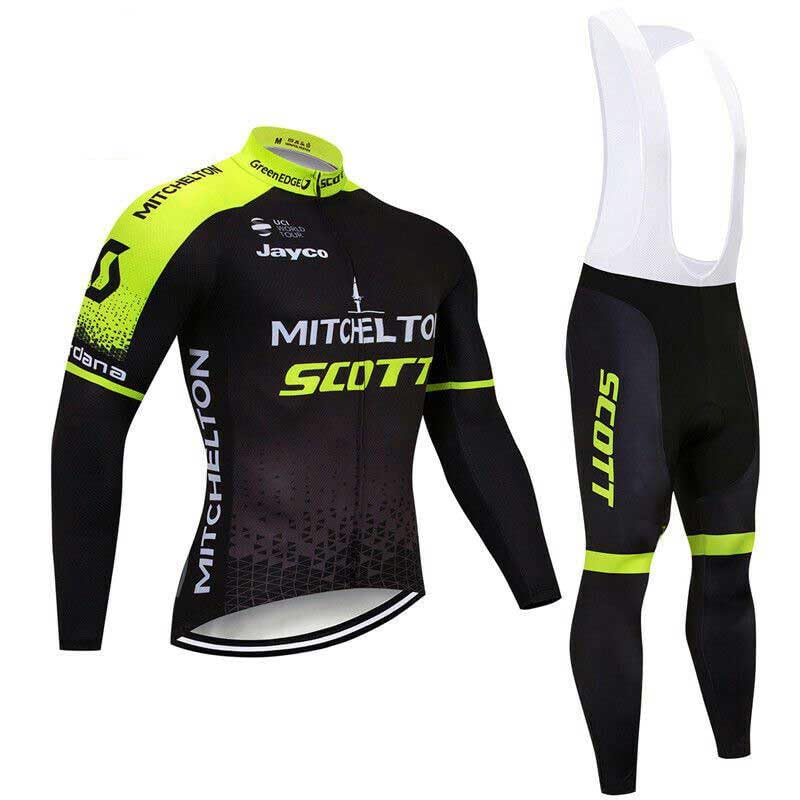 Maillot de ciclismo de manga larga para hombre con cremallera completa y culotte con peto y forro polar acolchado de gel Proteam Ciclismo Conjunto