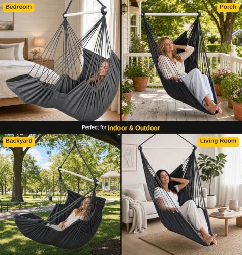 Image of ADVOKAIR Hammock Chair Swing 500lbs Steel Bar Multi-Size Bedroom&Porch | Anti-slip Rings, Adjustable Strap and S-hook, Easy Assembly, Indoor&Outdoor