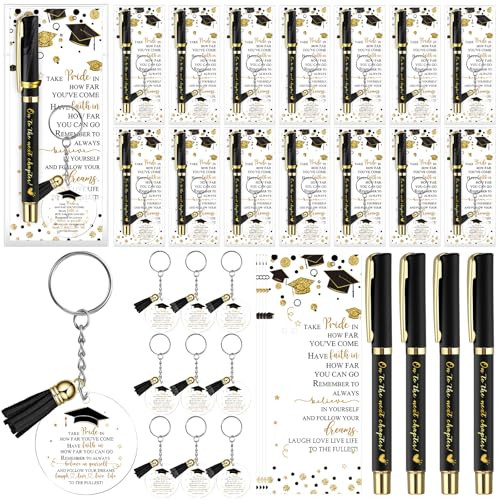 Motiskyy 25 Set Graduation Gifts Party Favor Class of 2026 Graduation Gifts Bulk Include Ballpoint Pens Positive Cards Acrylic Keychains with Tassel for Middle Senior School Party Supplies (Black)