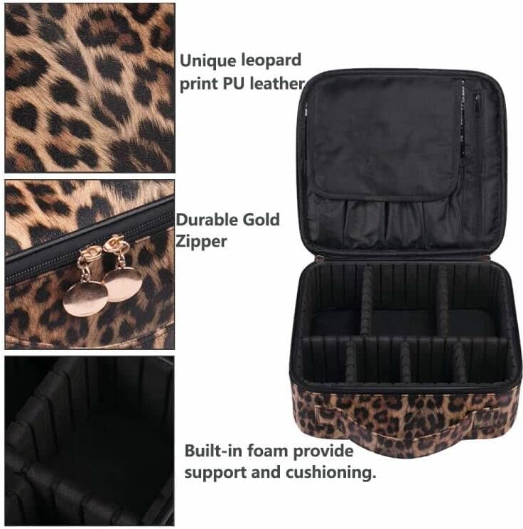 Uongeod Travel Makeup Bag Leopard Print PU Leather Cosmetic Makeup Bag Organizer case with Adjustable Dividers for Women Girls