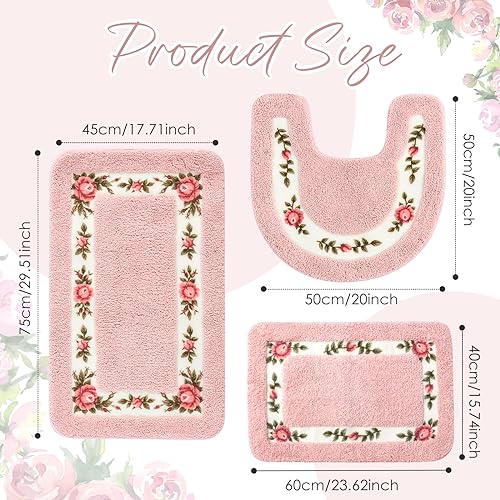 Set 3 alfombras baño flores rosa antideslizantes miniatura 2