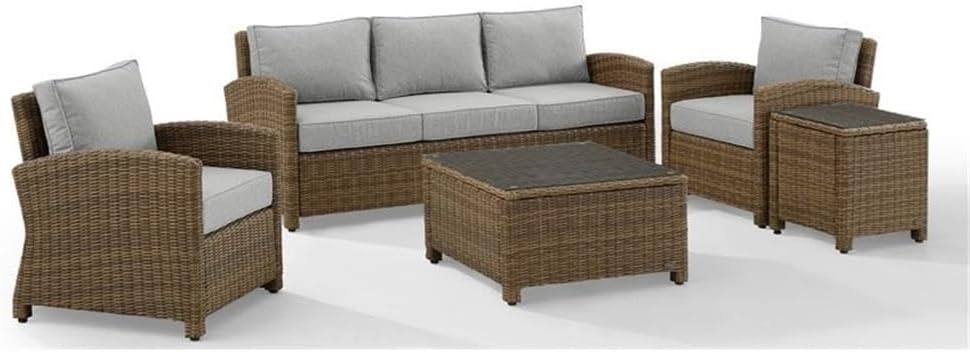Pemberly Row 5-Piece Outdoor Sofa Set, Metal/Wicker Frame, Gray Cushions, Weathered Brown Finish, Includes Coffee & Side Tables, UV-Resistant Resin Wicker, Tempered Glass Tops, Patio Conversation