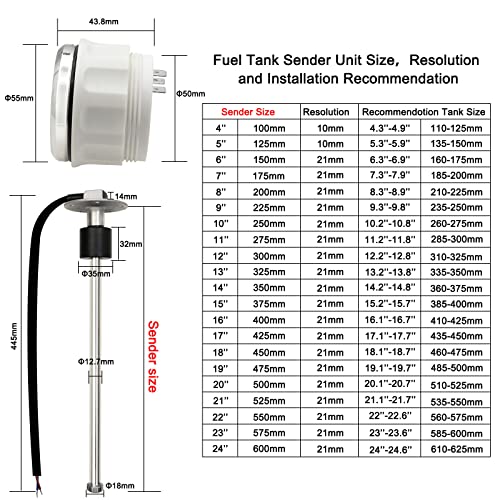 KAOLALI Brandstofniveau Sensor met Brandstofmeter, Boot Brandstof Afzender Brandstof Waterniveau Sensor Roestvrij Staal Brandstof Tank Verzenden Unit Fit voor Brandstofmeter 0 -190 Ohm 450MM voor RVs Boten - Afbeelding 3