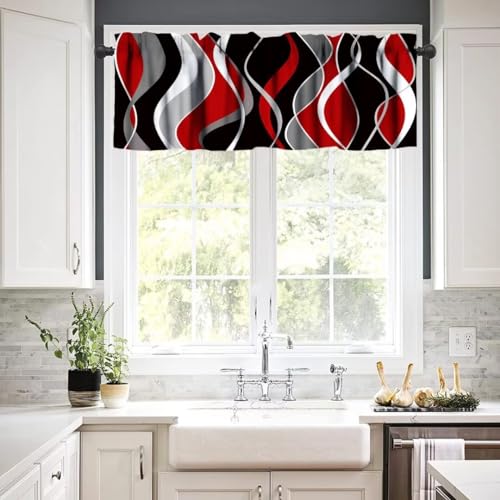 Image of Red Black Gray Modern Geometric Kitchen Valance Curtain, Abstract Striped Minimalist Retro Geometry Window Treatment Valances for Kitchen Living Room Cafe Decor 54'x18', 1 Panel