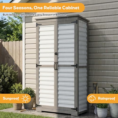 Image of Outdoor Storage Cabinet, Wood & Plastic Garden Shed with Adjustable Shelves