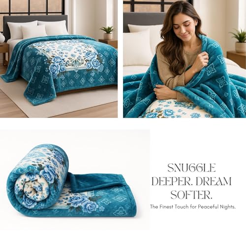 Image of VAS COLLECTIONS Plush Fleece Mink Blanket | 3.5 Kg, 700 GSM | Ultra Soft, Warm & Luxurious Heavy Blanket for Double Bed (Blue & Peach, 220x225 cm)