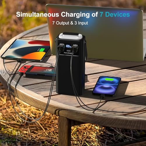 Image of Power Bank 52800mAh PD 35W High Capacity Battery Pack with Built-in 4 Cables & LED Flashlight - 8 Port Portable Charger for Travel, Outdoor, and Multiple Device Charging (Black, Milliamp Hours, 52800)