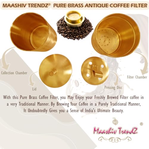 Image of Pure Brass Antique Coffee Filter /South Indian Traditional Coffee Filter /Etched Brass South Indian Coffee Filter /Embellished Heavy Duty Coffee Filter with Elegant Matt Finish