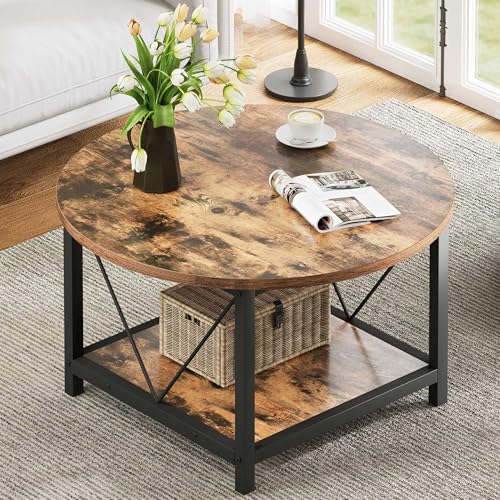 DWVO Round Coffee Tables for Living Room, 2 Tier Small Coffee Table, Circle Table with Open Storage Shelf, Rustic Wood Coffee Table with Metal Frame, Easy Assembly, Brown