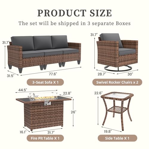Image of UDPATIO Patio Furniture Set with Fire Pit Table, Rocking Swivel Chairs, 5 Pieces Outdoor Furniture Sets, All-Weather Wicker Outdoor Sectional Sofa with Waterproof Cover, 4'' Thickened Cushion, Grey