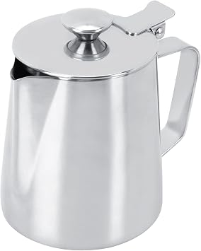 Milk Frother Cup with Lid 350ML/12oz Milk Frothing Pitcher Milk Steamer Cup Latte Art Pitcher Stainless Steel Jug Coffee Creamer Container Creamer Dispenser with Lid for Latte Coffee Art