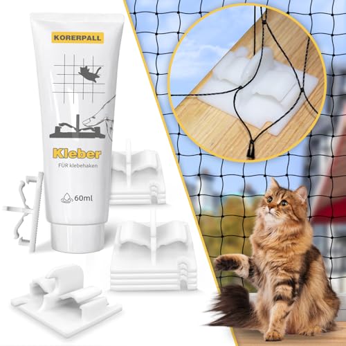 KORERPALL Crochet Fixation Filet Chat Balcon sans percer, 30 Crochet sans percage + Colle, Crochet Fixation Filet Chat, Protection fenetre sans percer, percage...