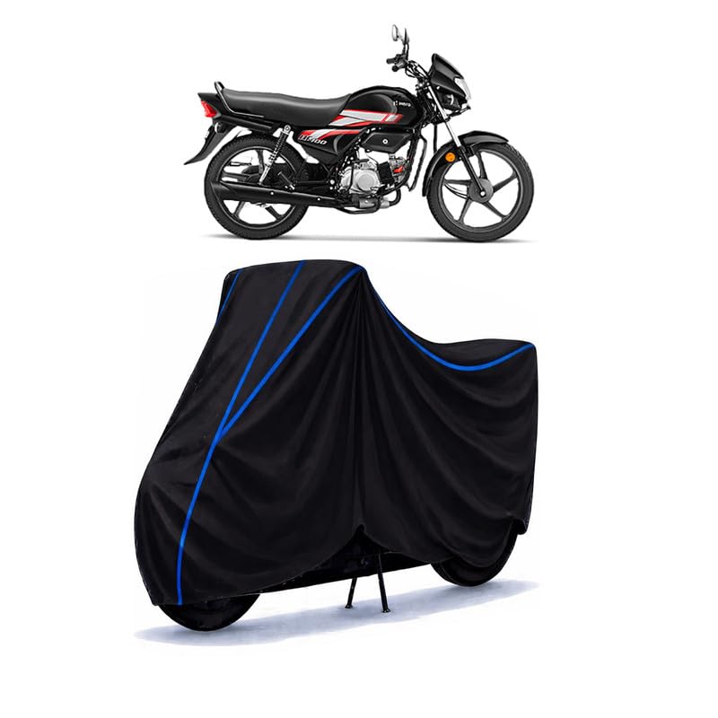 Image of Hero HF Dawn Bike Cover Water Resistant Universal Motorcycle Rain | Heavy Duty UV Protection, Dust, Scratch Indoor Outdoor All Weather with Black Blue Piping Elastic