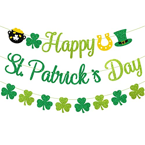 PTFNY Glittery Happy St. Patrick's Day Banner Shamrock Banner Saint Pattys Day Banner St Patricks Day Shamrock Garland Decorations for Irish Lucky Day Decorations