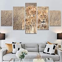 SIGNWIN 5 Panel Canvas Wall Art Modern Art Animals Dramatic Giraffe Lion Multicolor Photography Southwest for Home Decorations Ready to Hang - 60