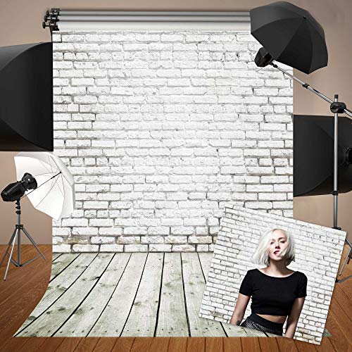 Negeek 5x7ft Durable Soft Polyester Fabric White Brick Wall with Gray Wooden Floor