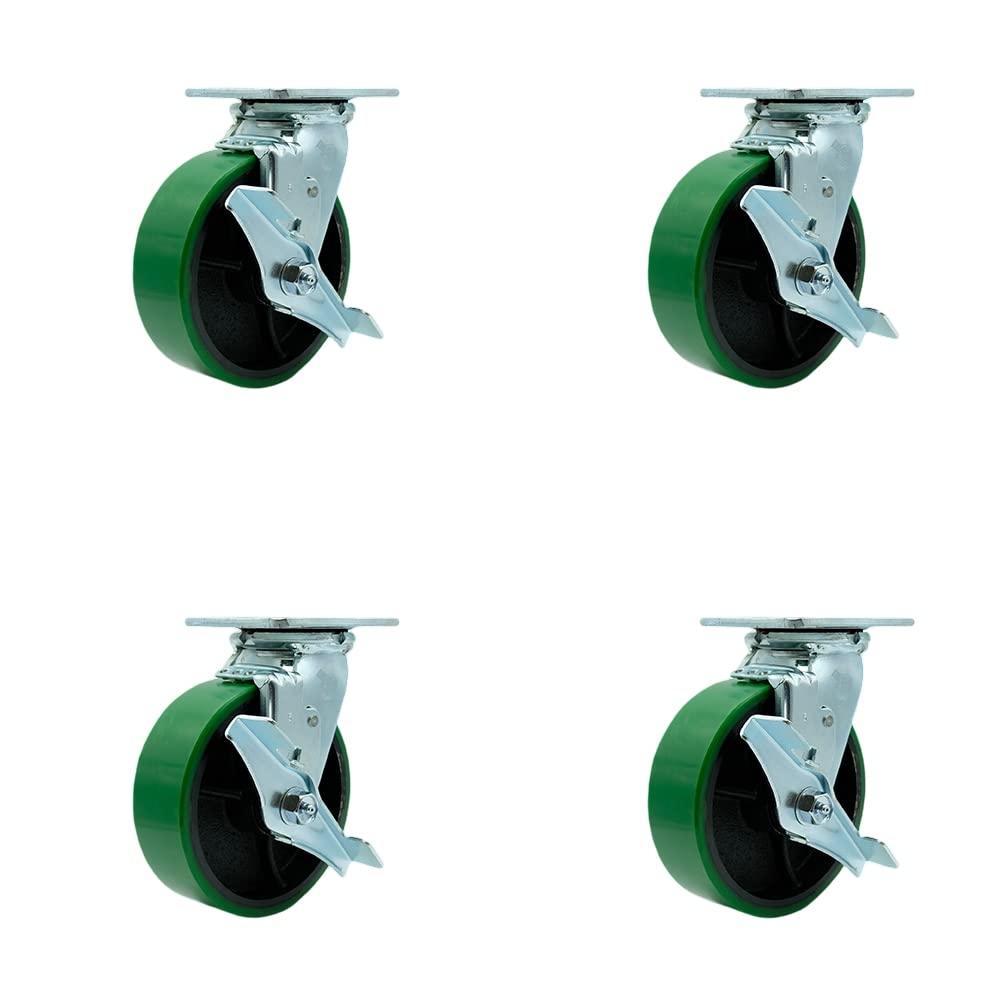 Polyurethane on Cast Iron Swivel Top Plate Casters Set of 4 Heavy Duty with 6 Inch Green Wheels - Includes 4 Swivel with Top Lock Brakes – 4,800 lbs. Total Capacity - Service Caster Brand