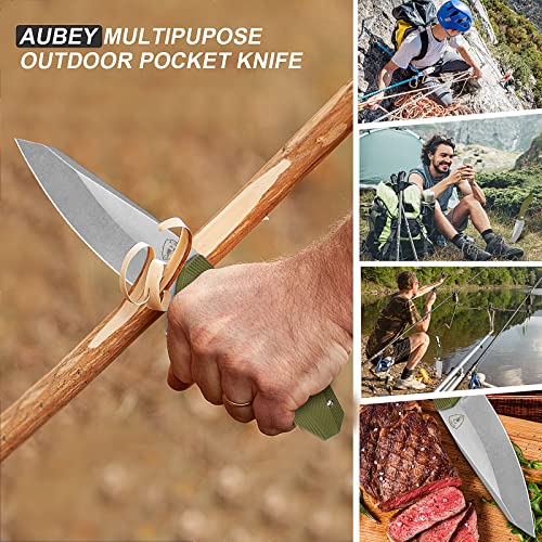 Aubey Reverse Tanto Pocket Knife, 3.66-Inch Stonewash Blade, Safe Opening, Liner Lock - Folding Knife For Men With Green G10 Handle #TOP4