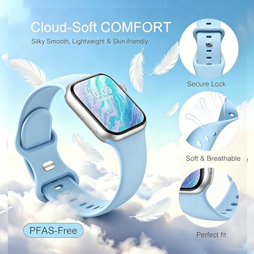 Image of Bands Compatible with Apple Watch 38mm 40mm 41mm 42mm 44mm 45mm 49mm, Soft Silicone Replacement Sport Accessory Strap Wristband for iWatch Series Ultra 8 7 6 5 4 3 2 1 SE Women Men Light Blue