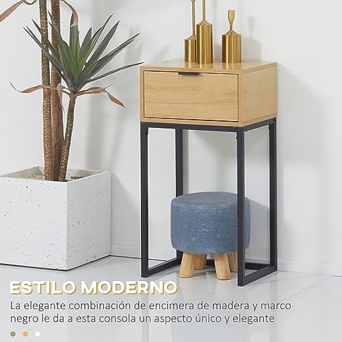 HOMCOM Mesa Auxiliar para Sofá Mesita Auxiliar Moderna con Cajón con Patas de Acero para Pasillo Salón Dormitorio 40x30x76 cm Natural - imagen 4