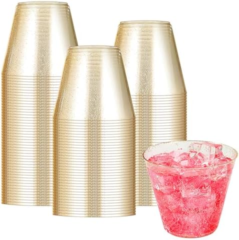100 Pack Gold Glitter Plastic Cups, 9oz Clear Hard Plastic Cups, Disposable Cocktail Glasses for Birthday Party Wedding Thanksgiving
