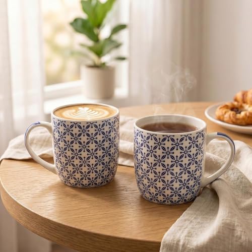 Image of U.P.C. Ceramic Coffee Tea Mugs Set of 6, White & Blue Geometric Print, Coffee Cups for Home & Office, Microwave & Dishwasher Safe Mugs, Stylish Drinking Cups for Tea, Coffee & Hot Beverages
