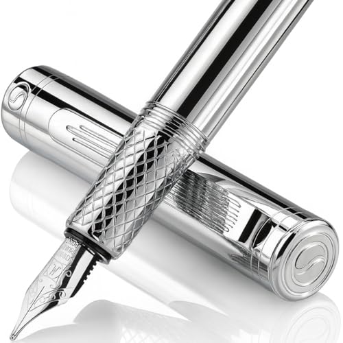 Scriveiner Silver Chrome Fountain Pen (Medium), Award Winning Luxury Pen, Heavy Pocket Pen, Chrome Finish, Schmidt Nib, Converter, Best EDC Writing Pen Gift Set for Men & Women