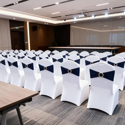 Image of 50 Pack Navy Blue Chair Sashes with Gold Buckle Slider, Spandex Dark Blue Bands Bows for Folding Chairs Gender Reveal Banquet Decor