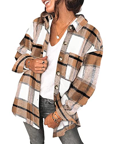 SHEWIN Women's Flannel Shirts Long Sleeve Plaid Lapel Casual Button