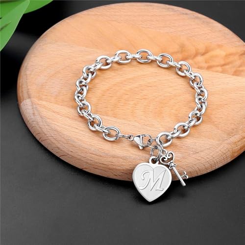Image of M MOOHAM Heart Initial Bracelets for Girls Women - Engraved 26 Letters Initial Charms Bracelet Stainless Steel Bracelet Birthday Christmas Jewelry Gift for Women Teen Girls