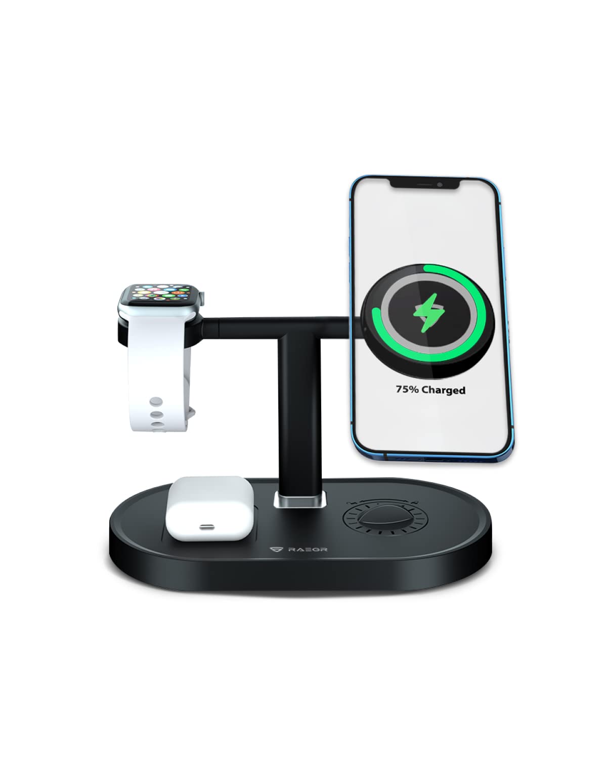 RAEGR MagFix Arc M1400 | 3 in 1| 15W Mag-Safe Compatible Wireless Charging Station |Made in India| |with 2 Type-C PD Cables| with Aroma Diffuser for iPhone 14/13/12 Series/iWatch Series [7/SE/6/5/4]