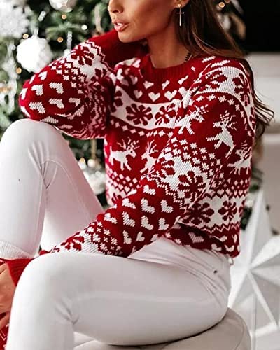 ZAFUL Damen Weihnachtsschneeflocke Rentier Strickpullover Langarm Rundhalsausschnitt Herz Animal Print Pullover Strickwaren – Bild 4