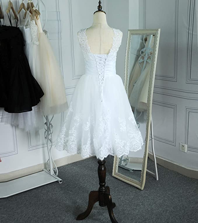 Image of QXMYOO Women V-Neck Short Wedding Dresses Lace Prom Party White Homecoming Dress