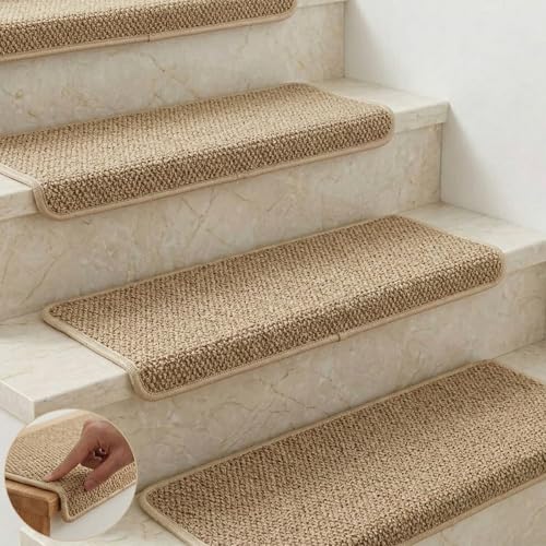 Bullnose Carpet Stair Treads for Wooden Steps Non-Slip Self-Adhesive Stair Tread Mat Indoor Corridor and Pet Stair Carpet Washable Preventing Pets 29.5x9.5x1.5 14pcs Camel