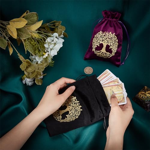 CREATCABIN 2Pcs Tree of Life Tarot Bags Velvet Tarot Card Storage Bag Pouches Holder Set Rune with Drawstrings Large Packing for Crystal Jewelry Dice Gift Halloween 7x5.1Inch-Black Purple - Image 3